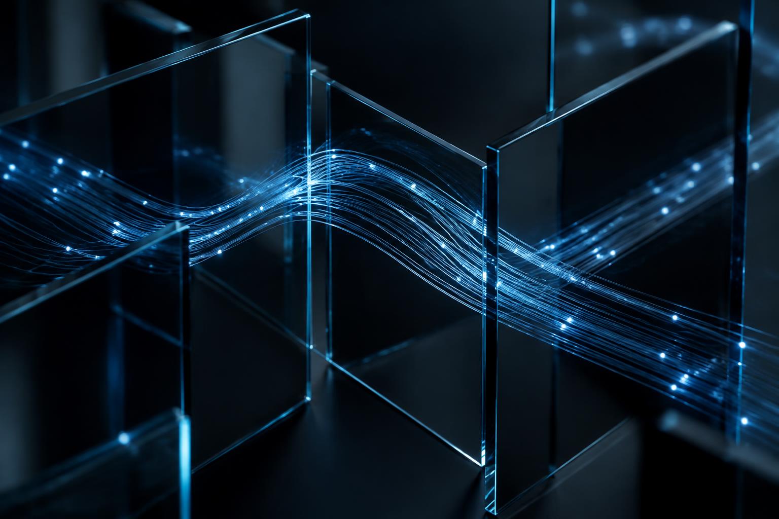 Fluxos de dados luminosos atravessando estruturas translúcidas conectadas